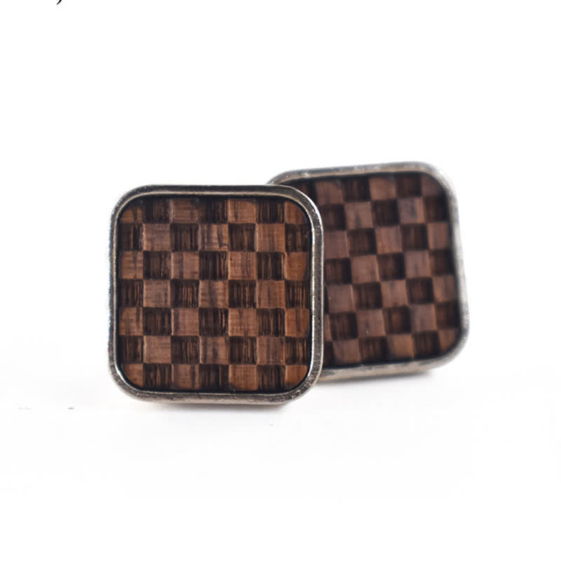 Men's Darkened Small Checkerboard Squares Wooden Cufflinks