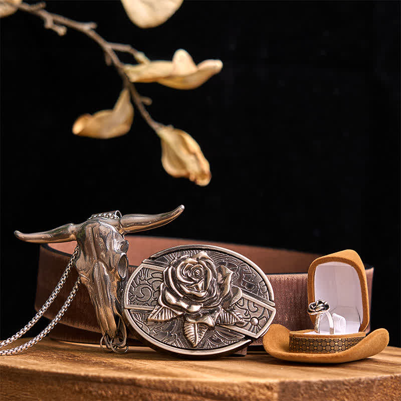 Naughty Bull ベルト 2点まとめ nn Rose Theme DIY Hidden Knife Belt Buckle Longhorn Bull Pendant
