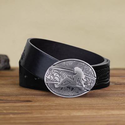 Men's DIY Lady Silhouette Hidden Folding Knife Leather Belt