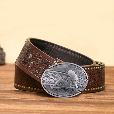 Men's DIY Lady Silhouette Hidden Folding Knife Leather Belt