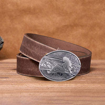Men's DIY Lady Silhouette Hidden Folding Knife Leather Belt