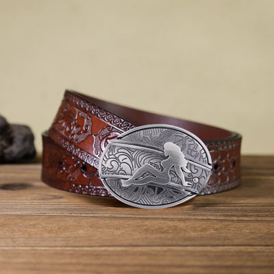 Men's DIY Lady Silhouette Hidden Folding Knife Leather Belt
