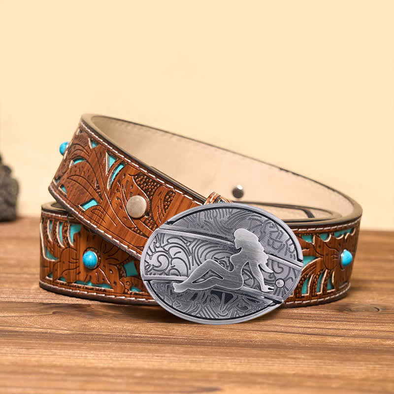 Men's DIY Lady Silhouette Hidden Folding Knife Leather Belt