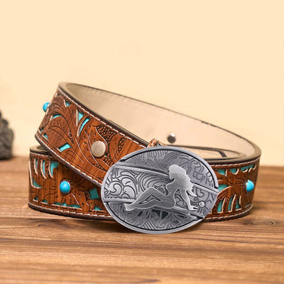 Men's DIY Lady Silhouette Hidden Folding Knife Leather Belt