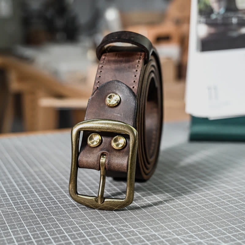 Retro Distressed Brass Buckle Hand-Made Stitching Leather Belt - image 7
