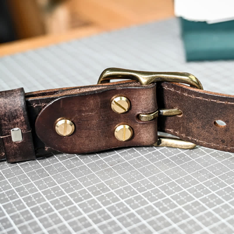 Retro Distressed Brass Buckle Hand-Made Stitching Leather Belt - image 11