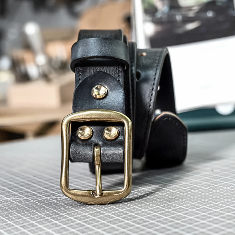Retro Distressed Brass Buckle Hand-Made Stitching Leather Belt - Black - 42 - image 12