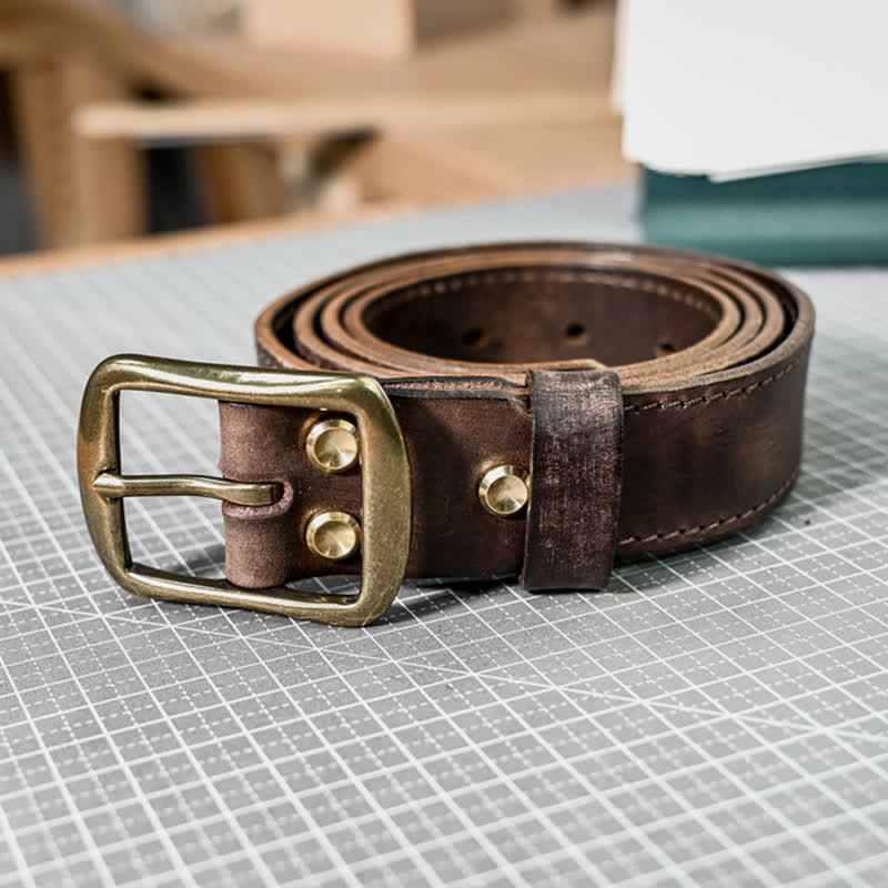 Retro Distressed Brass Buckle Hand-Made Stitching Leather Belt - image 8