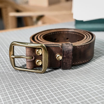 Retro Distressed Brass Buckle Hand-Made Stitching Leather Belt - image 8