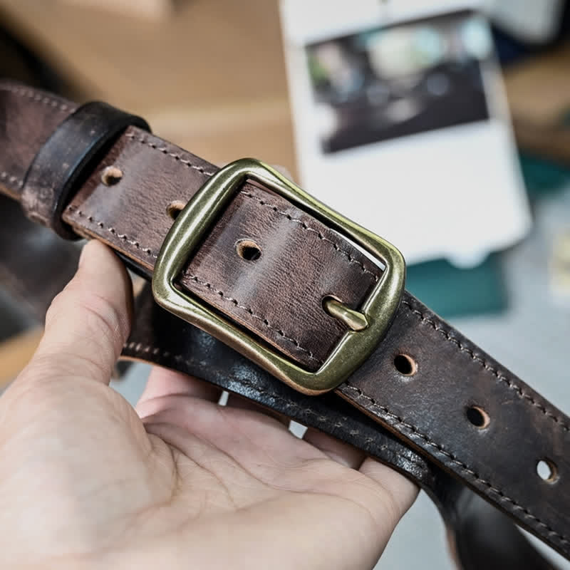 Retro Distressed Brass Buckle Hand-Made Stitching Leather Belt - image 9