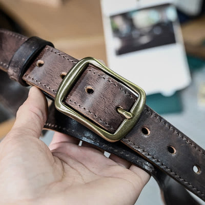 Retro Distressed Brass Buckle Hand-Made Stitching Leather Belt - image 9