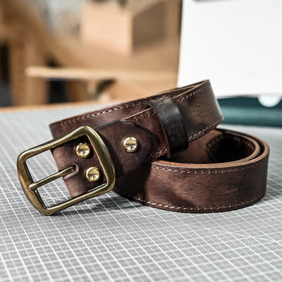 Retro Distressed Brass Buckle Hand-Made Stitching Leather Belt - image 5