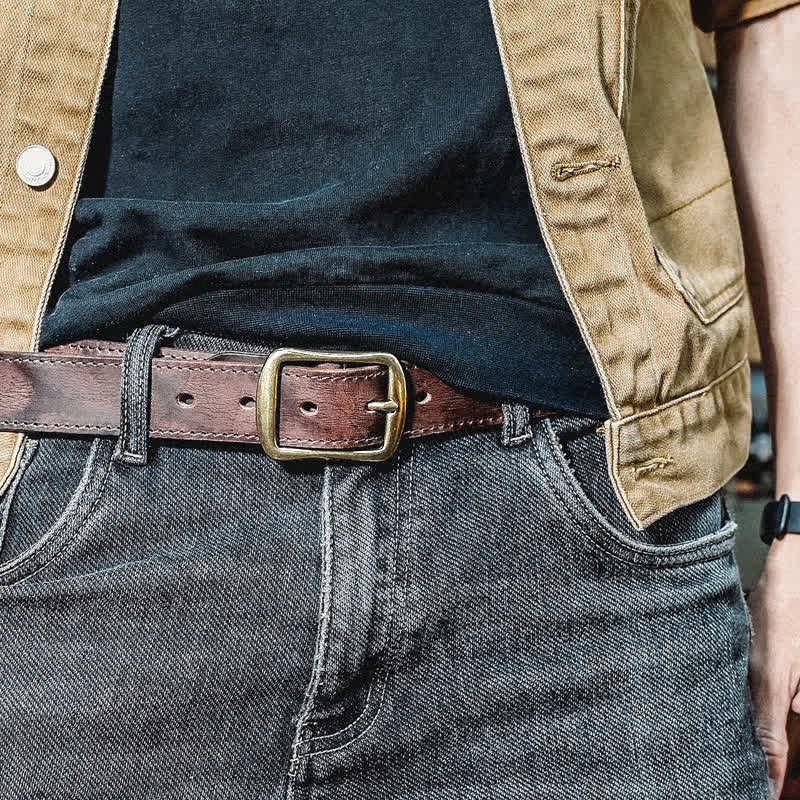 Retro Distressed Brass Buckle Hand-Made Stitching Leather Belt - Dark Brown - 42 - image 4