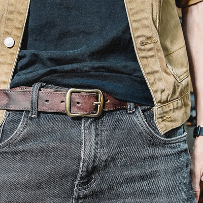 Retro Distressed Brass Buckle Hand-Made Stitching Leather Belt - Dark Brown - 42 - image 4