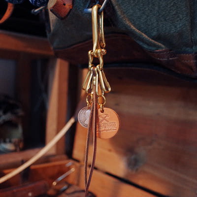 Mechanic Style Antique Brass Coin Belt Clip Leather Keychain