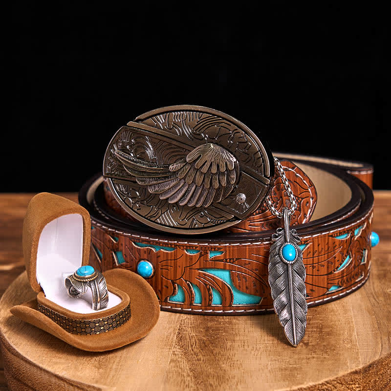 Angle Wing DIY Hidden Knife Belt Buckle Turquoise Feather Necklace Ring Bundle Set
