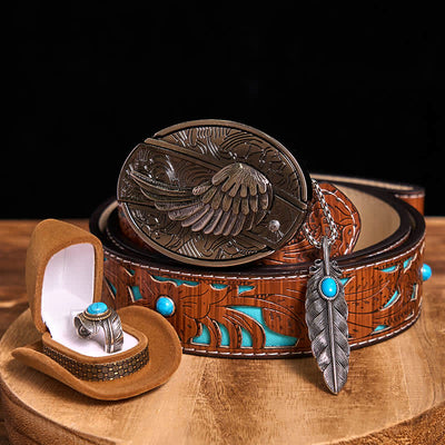 Angle Wing DIY Hidden Knife Belt Buckle Turquoise Feather Necklace Ring Bundle Set