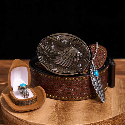 Angle Wing DIY Hidden Knife Belt Buckle Turquoise Feather Necklace Ring Bundle Set