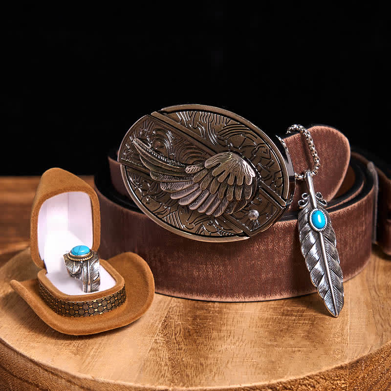 Angle Wing DIY Hidden Knife Belt Buckle Turquoise Feather Necklace Ring Bundle Set