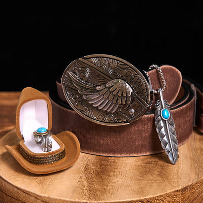 Angle Wing DIY Hidden Knife Belt Buckle Turquoise Feather Necklace Ring Bundle Set