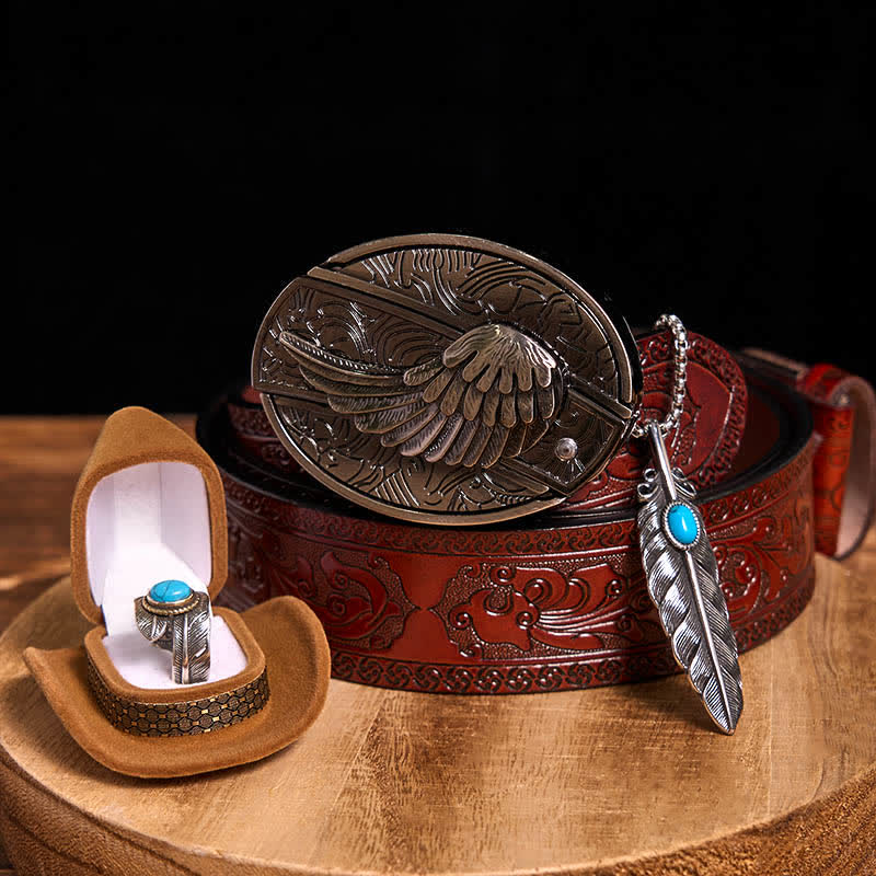 Angle Wing DIY Hidden Knife Belt Buckle Turquoise Feather Necklace Ring Bundle Set