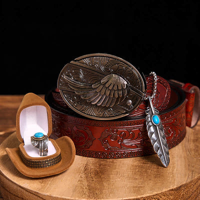 Angle Wing DIY Hidden Knife Belt Buckle Turquoise Feather Necklace Ring Bundle Set