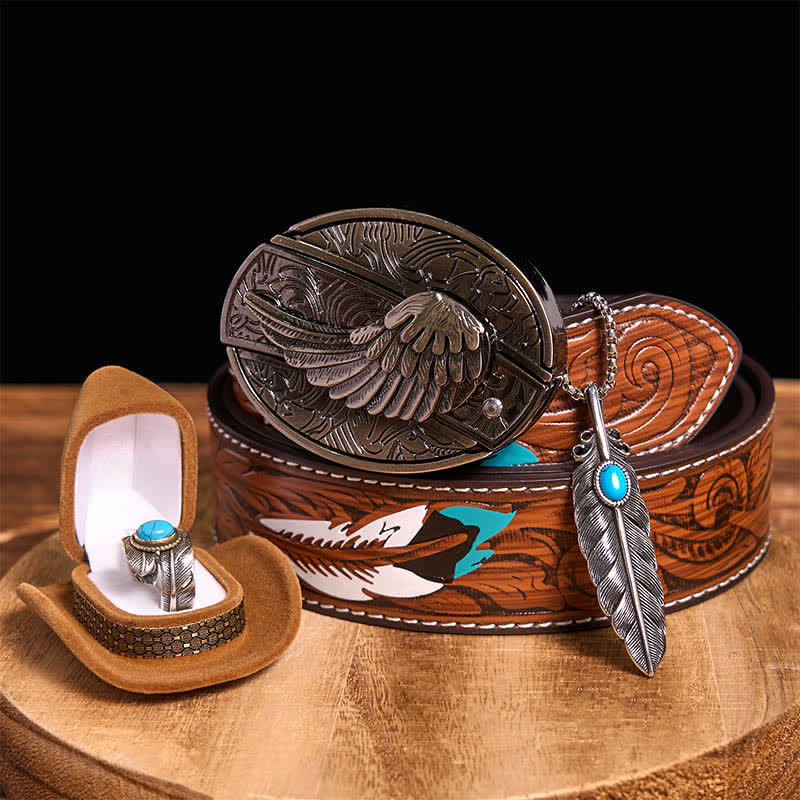 Angle Wing DIY Hidden Knife Belt Buckle Turquoise Feather Necklace Ring Bundle Set