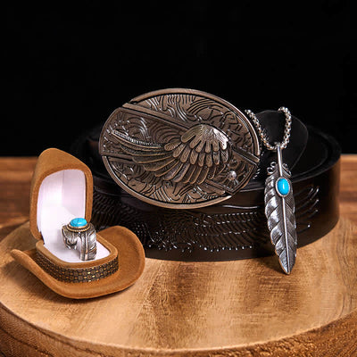 Angle Wing DIY Hidden Knife Belt Buckle Turquoise Feather Necklace Ring Bundle Set