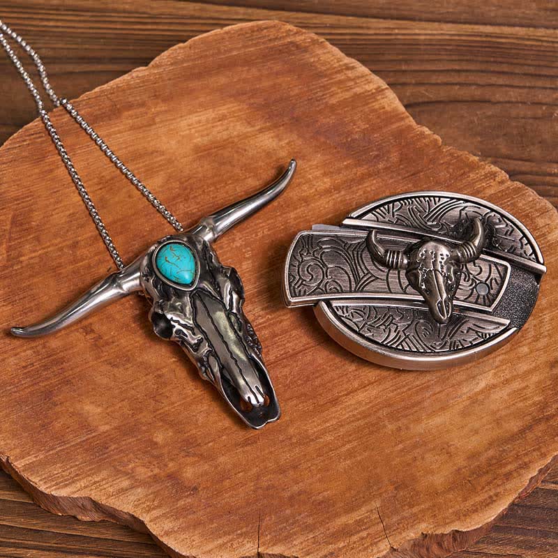 Practical DIY Hidden Knife Buckle Turquoise Longhorn Bull Pendant Bundle Set