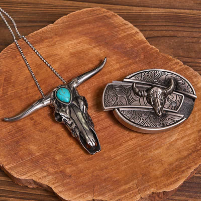 Practical DIY Hidden Knife Buckle Turquoise Longhorn Bull Pendant Bundle Set