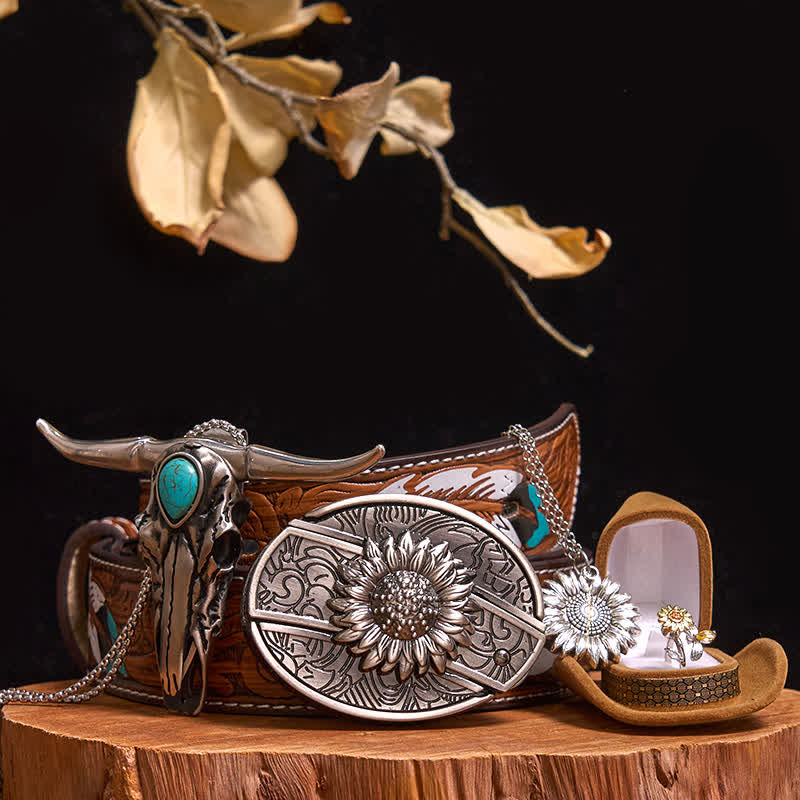 Sunflower Theme DIY Hidden Knife Belt Buckle Turquoise Bull Pendant Bundle Set