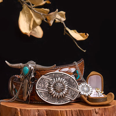 Sunflower Theme DIY Hidden Knife Belt Buckle Turquoise Bull Pendant Bundle Set
