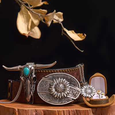 Sunflower Theme DIY Hidden Knife Belt Buckle Turquoise Bull Pendant Bundle Set