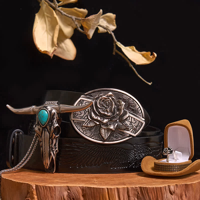 Rose Theme DIY Hidden Knife Belt Buckle Turquoise Bull Pendant Bundle Set
