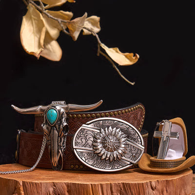 DIY Hidden Knife Belt Buckle Turquoise Bull Pendant Cross Necklace Bundle Set