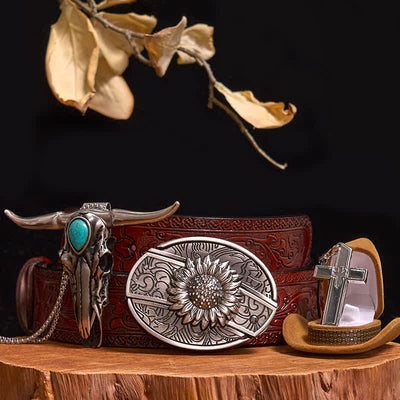 DIY Hidden Knife Belt Buckle Turquoise Bull Pendant Cross Necklace Bundle Set