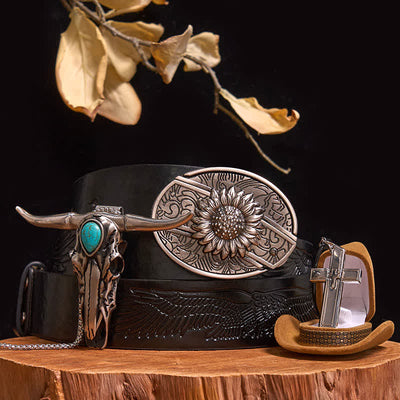 DIY Hidden Knife Belt Buckle Turquoise Bull Pendant Cross Necklace Bundle Set