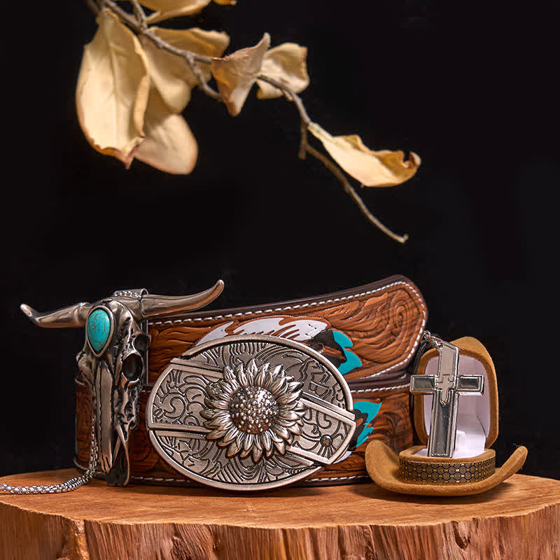 DIY Hidden Knife Belt Buckle Turquoise Bull Pendant Cross Necklace Bundle Set