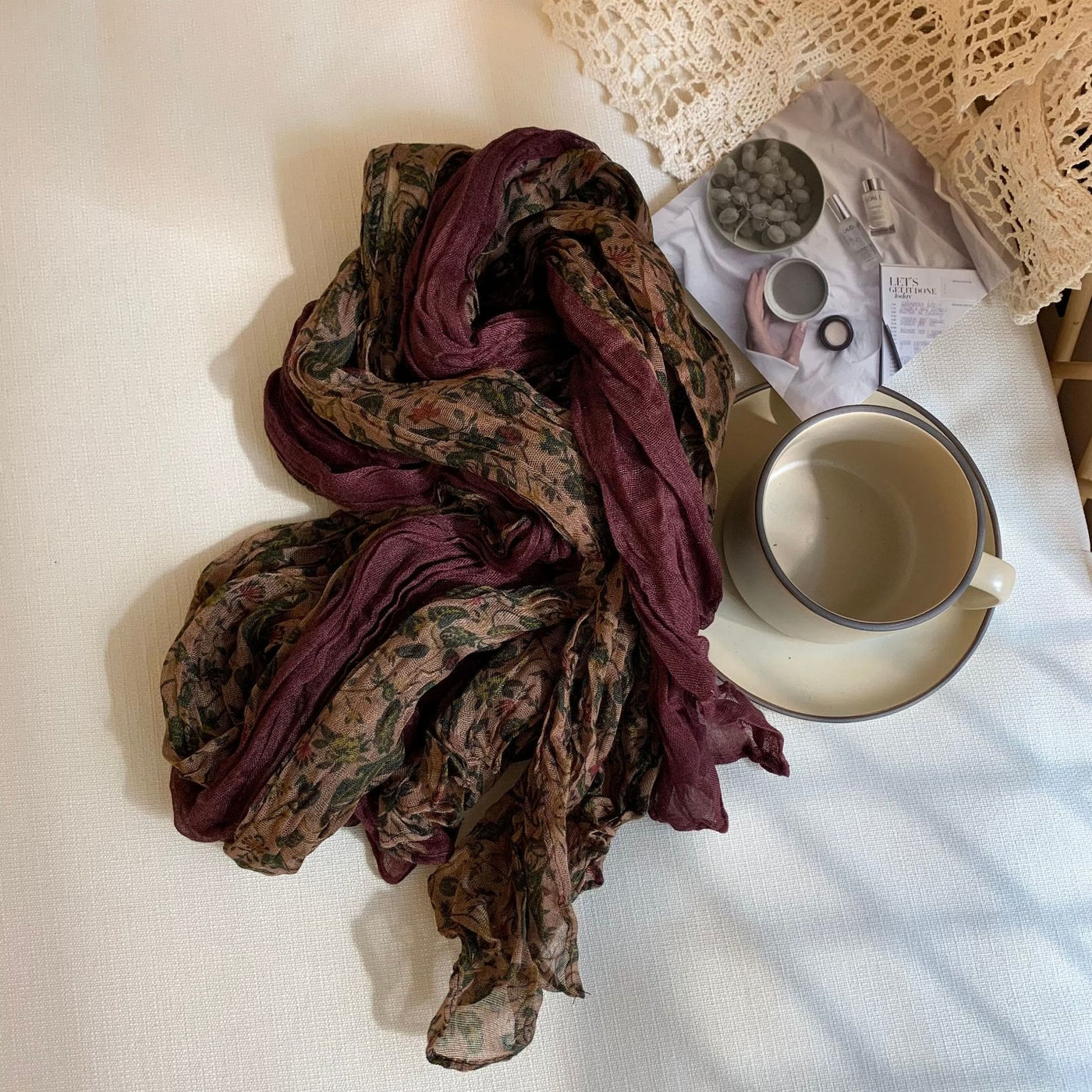 Women's Vintage Pleated Floral Thin Soft Scarf