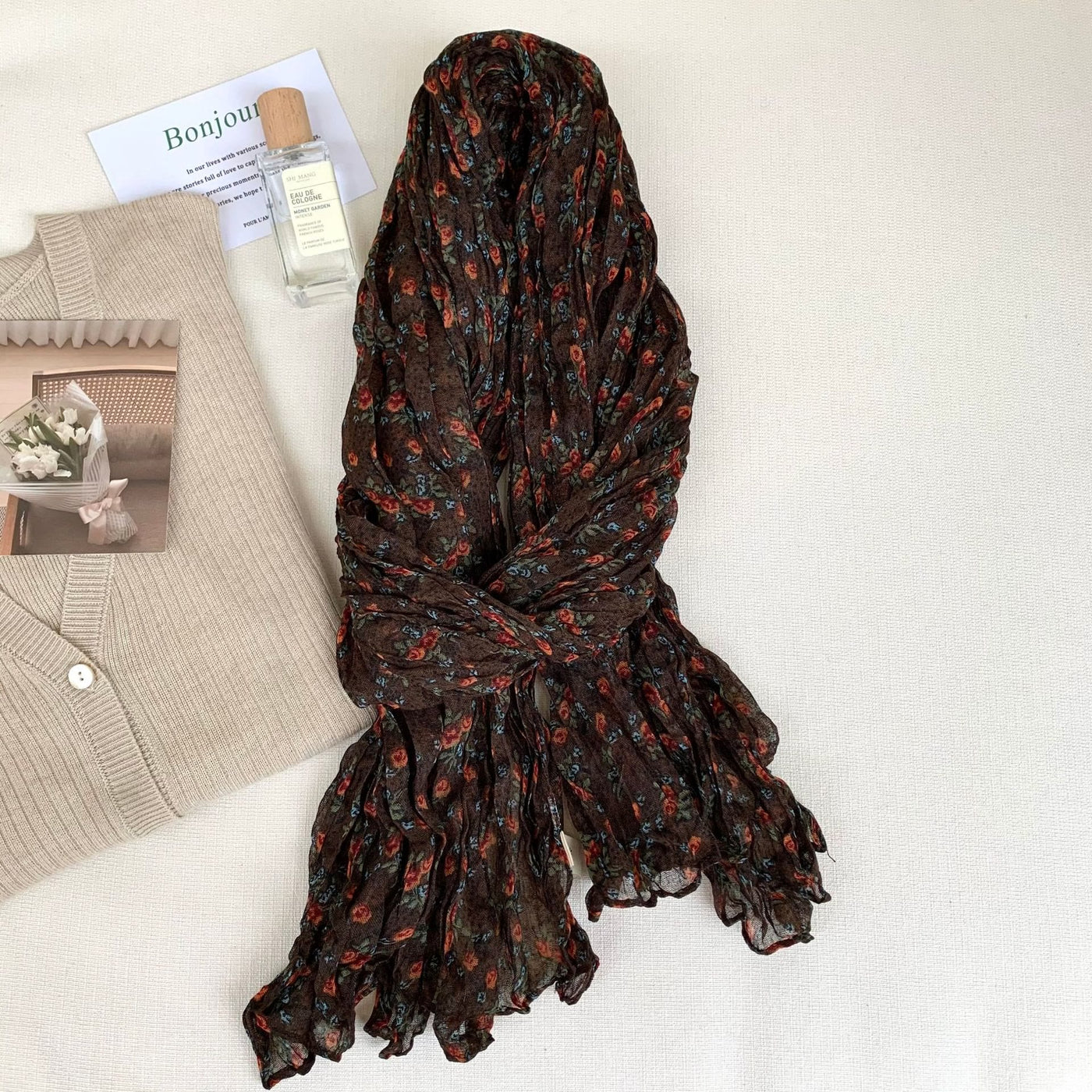 Women's Vintage Pleated Floral Thin Soft Scarf
