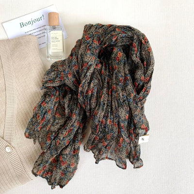 Women's Vintage Pleated Floral Thin Soft Scarf