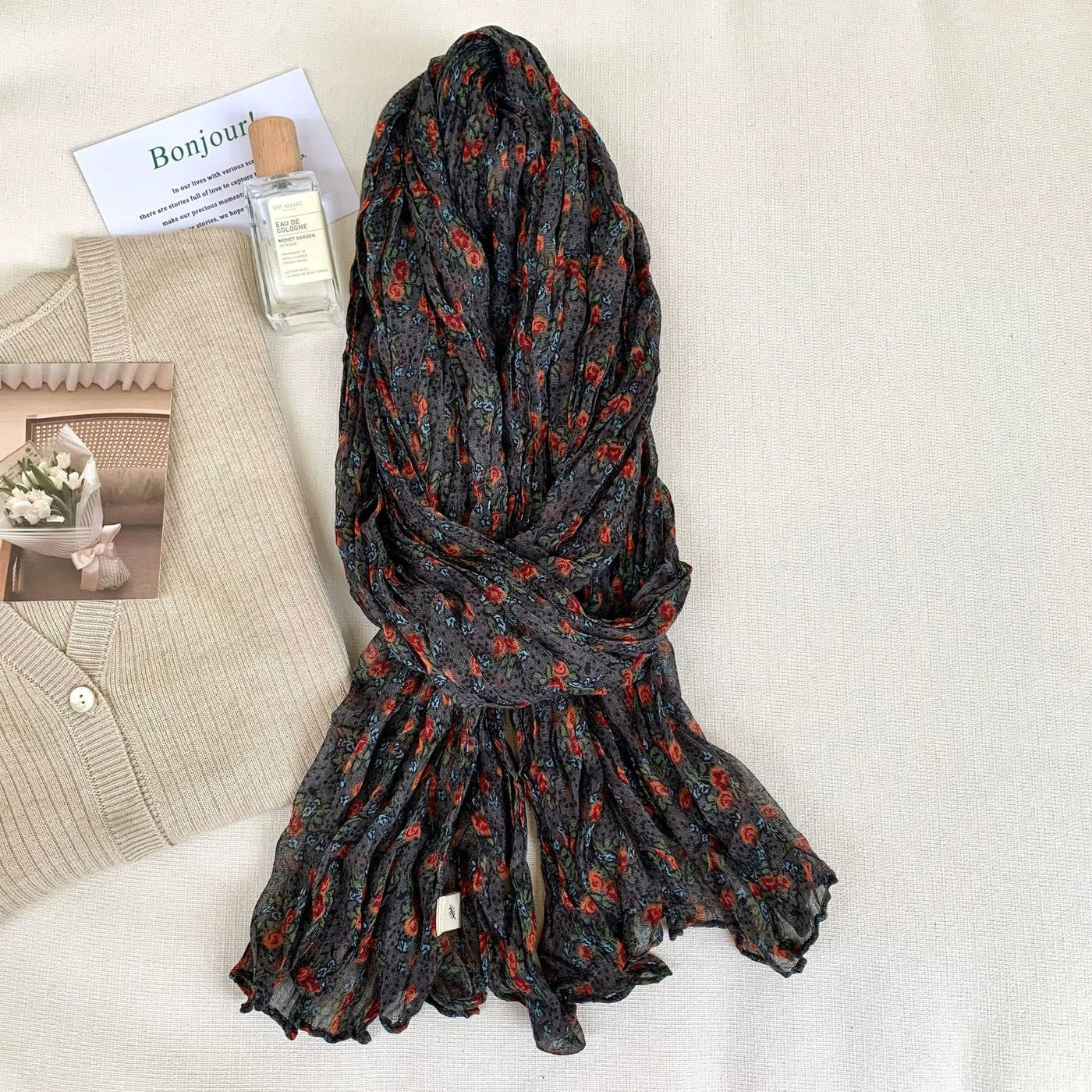 Women's Vintage Pleated Floral Thin Soft Scarf
