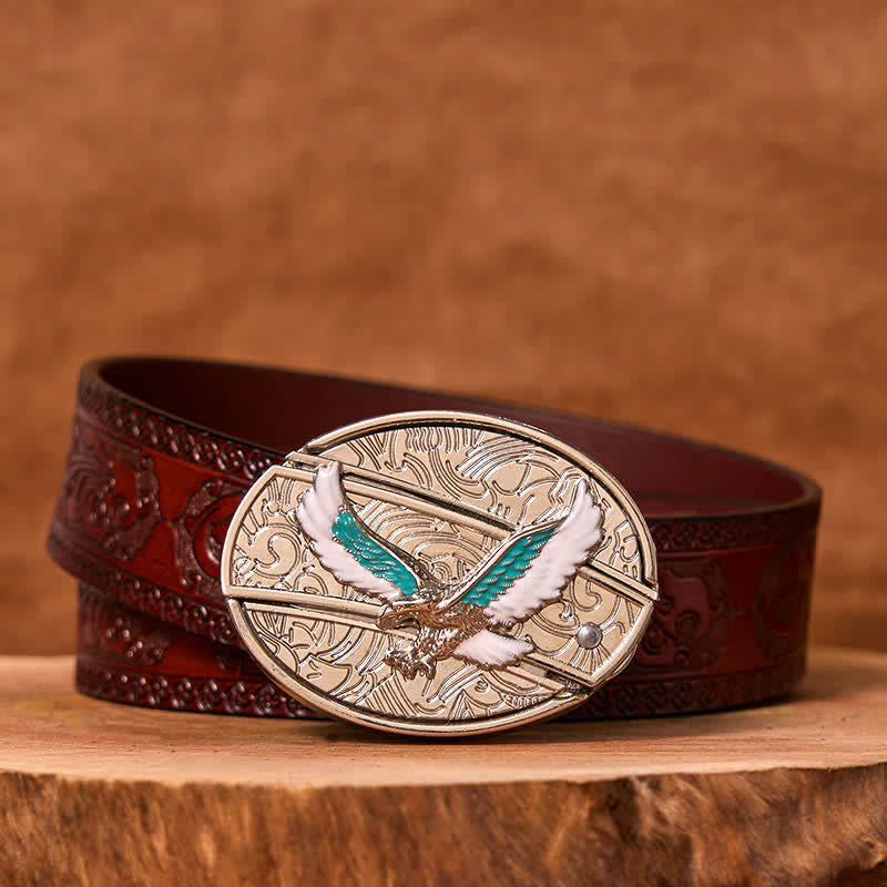 Men's DIY Blue & White Flying Eagle Hidden Folding Knife Leather Belt (Pre-Sale)