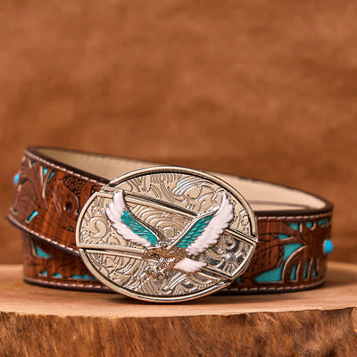 Men's DIY Blue & White Flying Eagle Hidden Folding Knife Leather Belt (Pre-Sale)