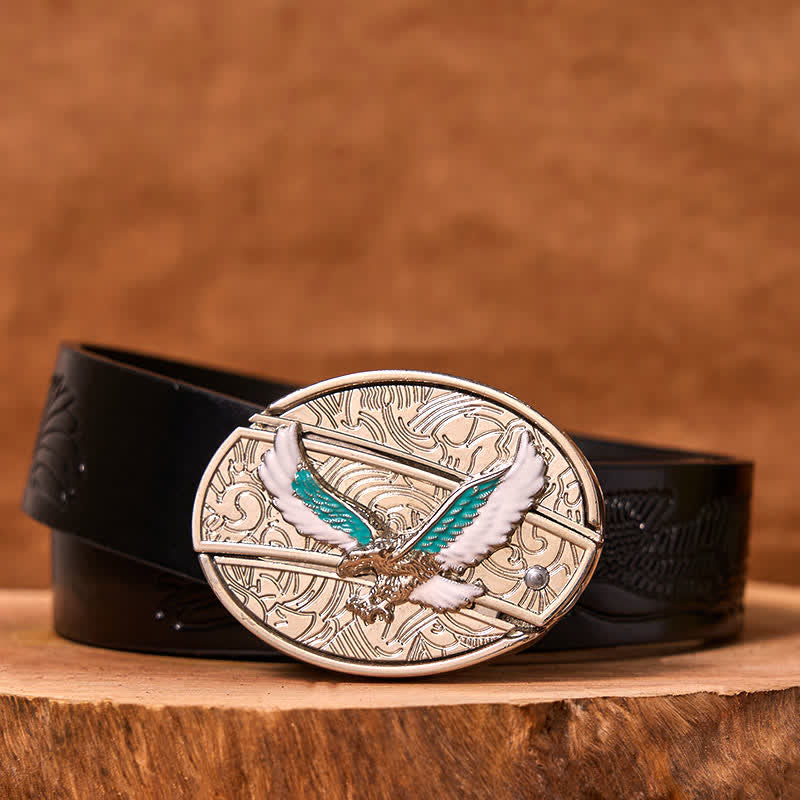 Men's DIY Blue & White Flying Eagle Hidden Folding Knife Leather Belt (Pre-Sale)