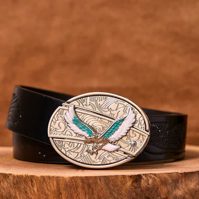 Men's DIY Blue & White Flying Eagle Hidden Folding Knife Leather Belt (Pre-Sale)