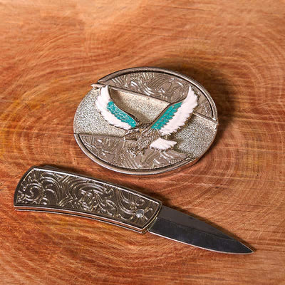 Men's DIY Blue & White Flying Eagle Hidden Folding Knife Leather Belt (Pre-Sale)