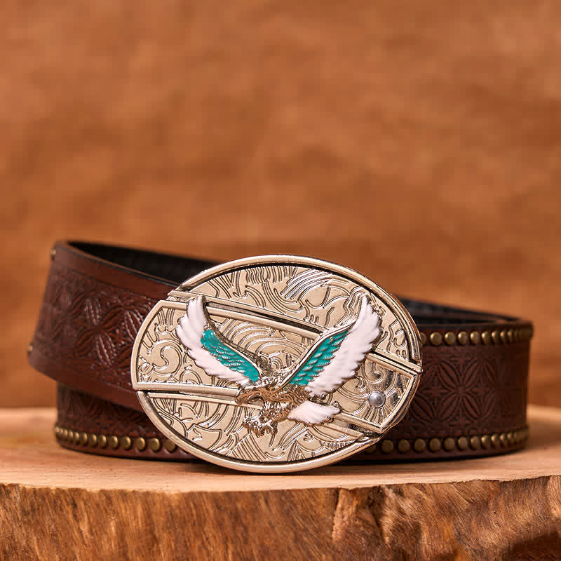 Men's DIY Blue & White Flying Eagle Hidden Folding Knife Leather Belt (Pre-Sale)