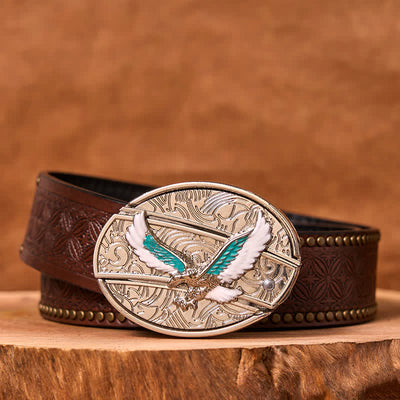 Men's DIY Blue & White Flying Eagle Hidden Folding Knife Leather Belt (Pre-Sale)