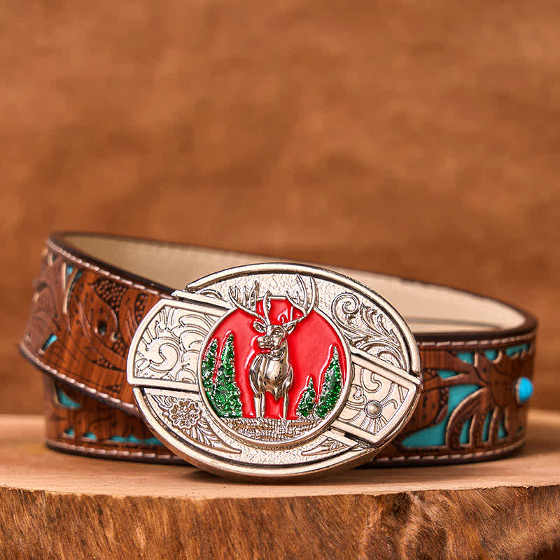 Men's DIY Colored Mountain Elk Hidden Folding Knife Leather Belt (Pre-Sale)